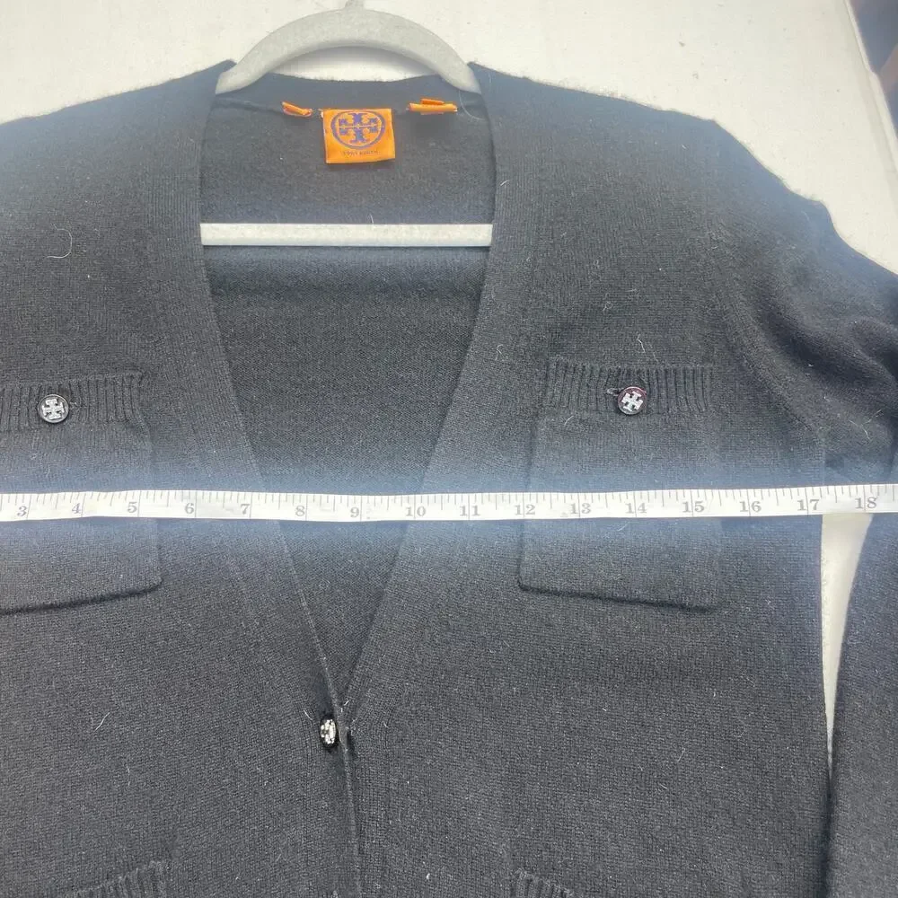 Tory Burch 100% Cashmere V-Neck Cardigan XS Black | Logo Buttons | 4 Pockets